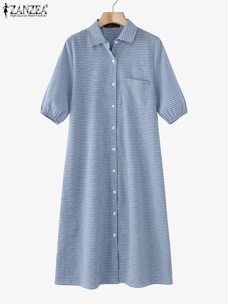 2025 여름 체크무늬 드레스 ZANZEA 여성 우아한 반소매 라펠 넥 워크 미디 원피스 캐주얼 버튼 베스티도스 로브