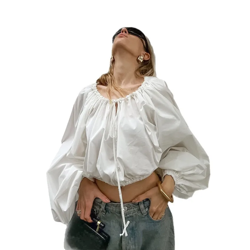الجوف خارج الخريف المرأة بلوزة جولة الرقبة الرباط تكدرت فانوس كم الإناث بلوزة Instagram-Style أبلى لسيدة