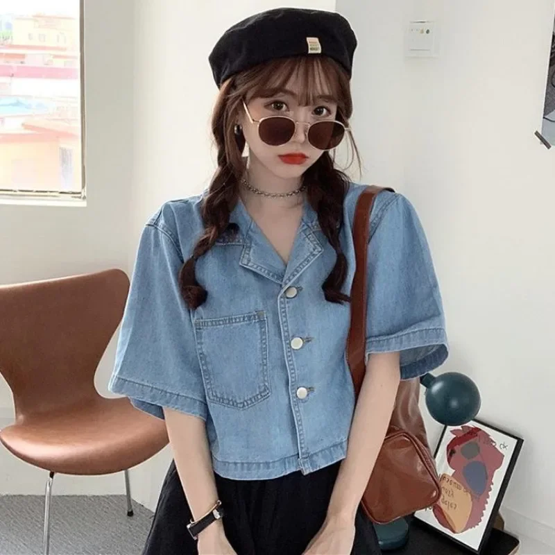 Denim Shirts Women Preppy Style Solid Lovely Fashion Vintage Short Sleeve High Street Retro Basic Femme Popular Student Summer