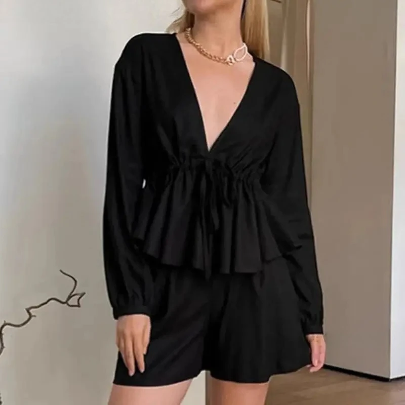 

Women 2PCS Pajamas Set Black Cotton Sleepwear V-Neck Drawstring Tops&ShortsCausal Fashion Pijama Mujer Loose Home Clothes