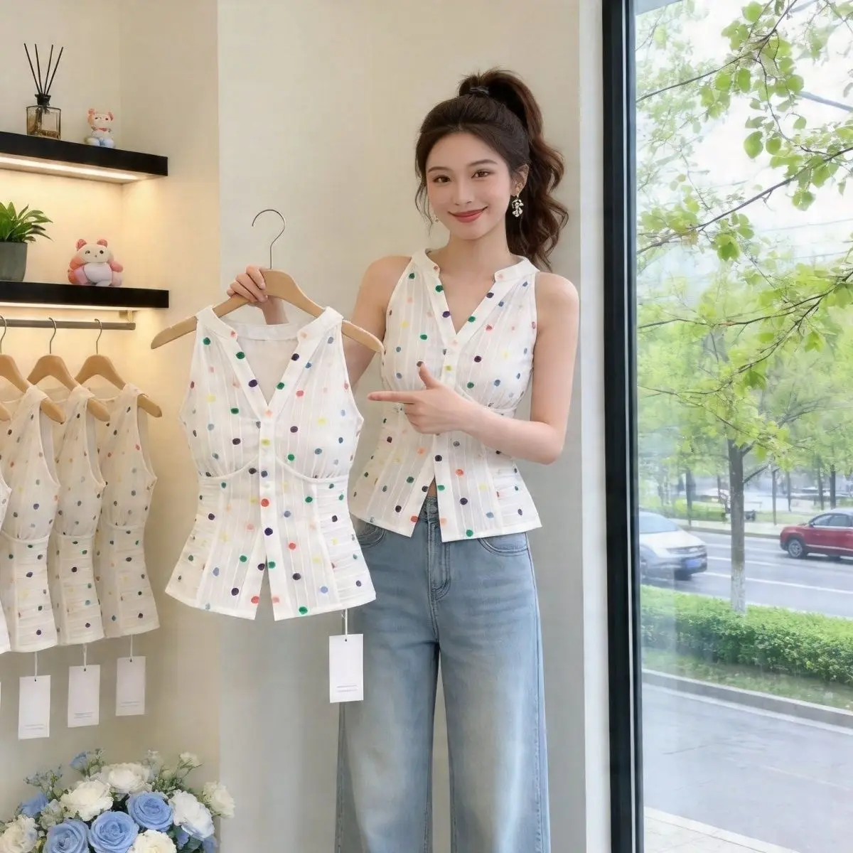

Summer New Women's Polka Dot Halter Vest Slim Fit Waist Inward Design Sleeveless Top V-neck Open Cardigan Style Regular Length