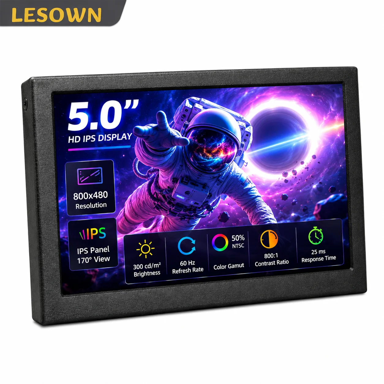 LESOWN Mini 5.0 Inch 800x480 SBC External Panel Black Metal miniHDTV 60Hz Extender Screen for RPi Microcontrollers