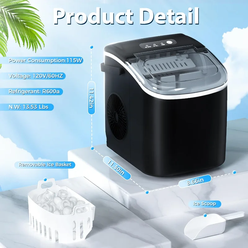 Antarctic Star Countertop Ice Maker，Portable Ice Makers with Self-Cleaning, Bullet Ice Machine, 26Lbs/24H