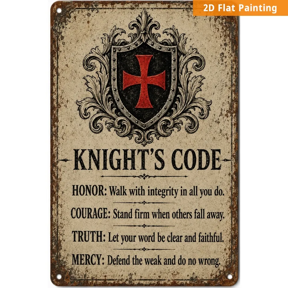 2D FLAT, Decorative Plaque and Sign, Knight's Code Metal Sign, Vintage Medieval Shield Wall Decor, Rustic Honor Courage Truth Ir