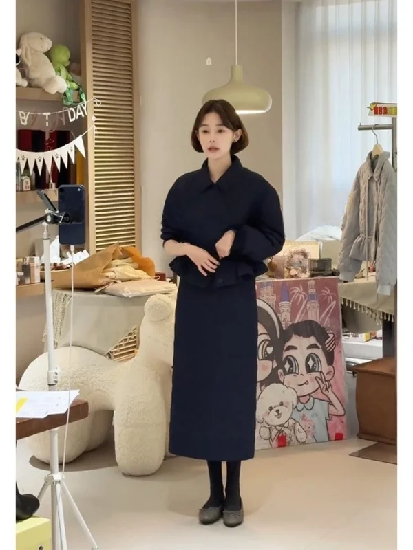 

Ele Korean Sle Women's Long Sve Two-Piece Set Faionable Autumn Winter Clothing High Waist Skirt Comfortable Cotton