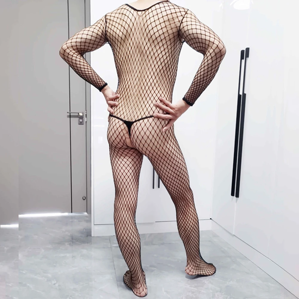 

Мужское боди, повседневные сиамские чулки, ажурный комбинезон с длинным рукавом, сетчатый комбинезон с круглым вырезом, полиэстер, обычный мужской новый