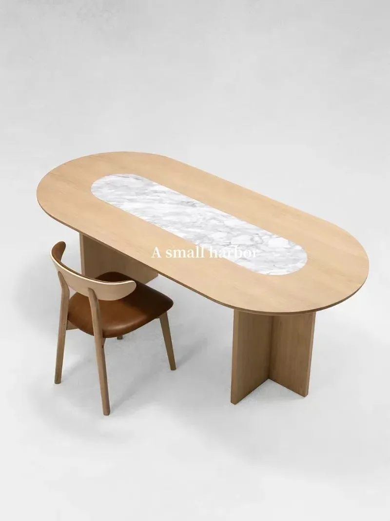 A Wind tunnel stone slate dining table French retro solid wood medium ancient ash wood oval dining table and chairs