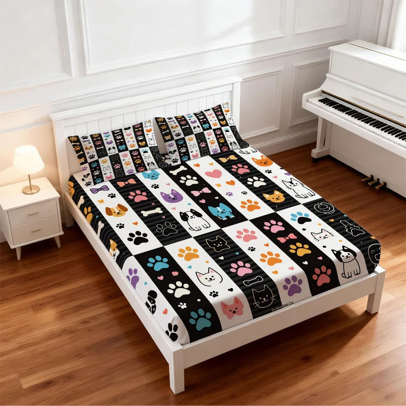 

Cute Pet Paw Print Striped Fitted Sheet Set Skin Friendly Bed Mattress Cover Durable Washable Bedding for Guest Room Apartment