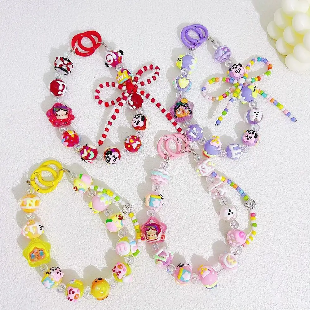 Simple Resin Burst Bead Chain Keyring Detachable Colorful Phone Lanyard Gradient Bowknot Pendant Woman