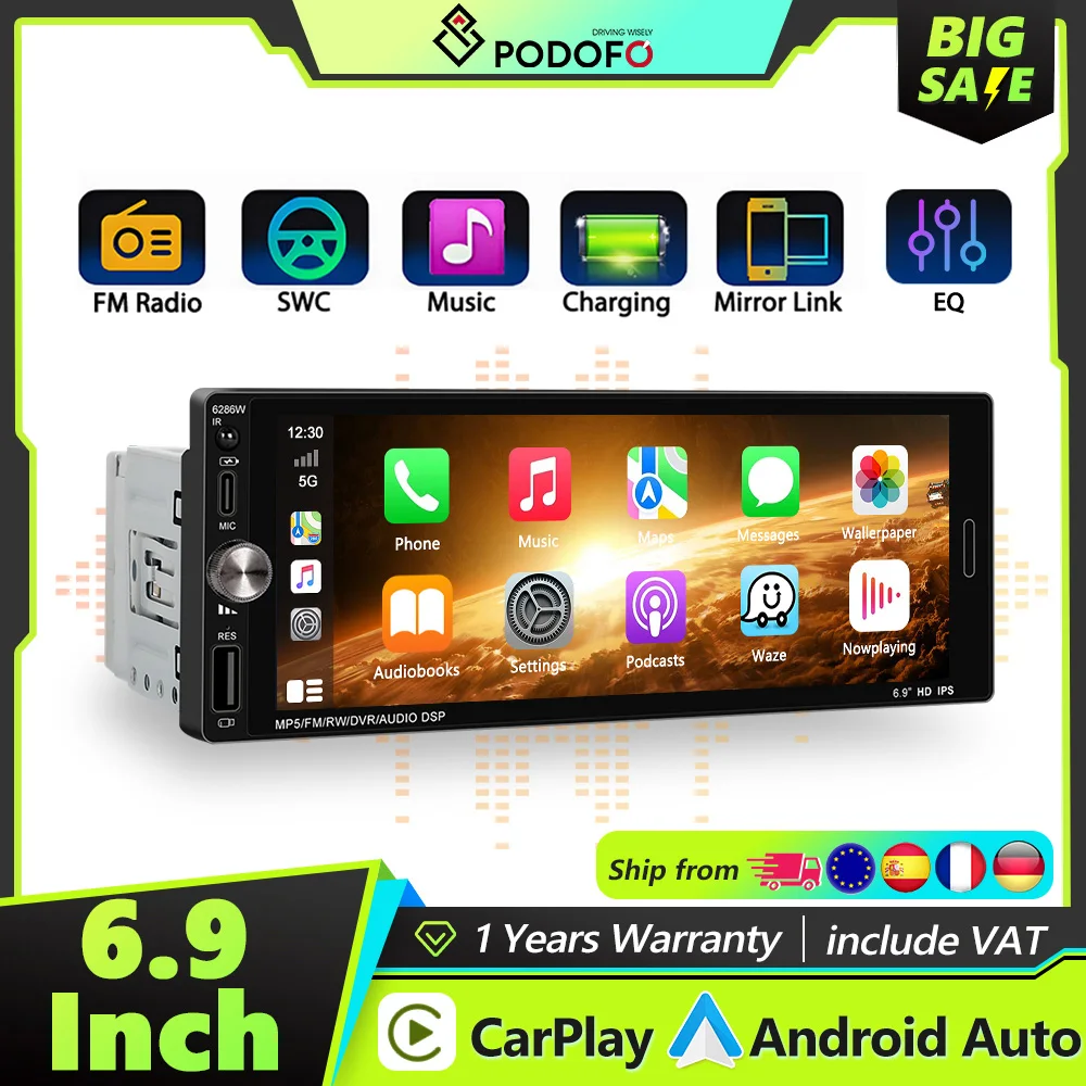 Podofo 1DIN Kabelloses Carplay Auto-Multimediaplayer Android Auto Mirror Link Universeller Auto-MP5-Player BT FM-Radio EQ USB TYPE-C
