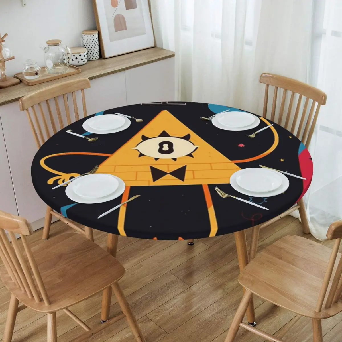 Cartoon Gravitys Falls Waterproof Round Tablecloth Oilproof Table Cloth for Kitchen Events Dining Table Cover