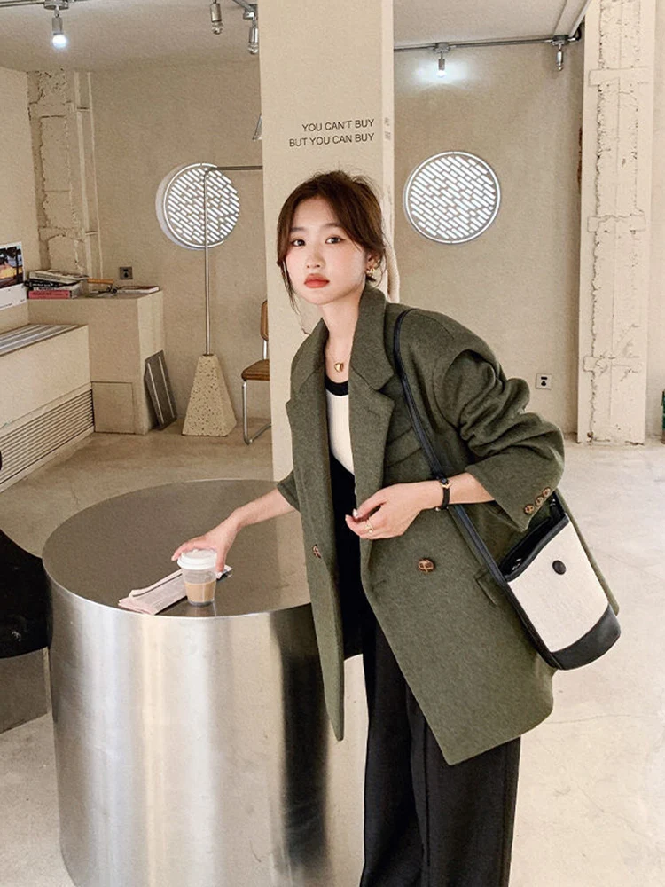 Zoki Streetwear Retro Women Faux Woolen Blazer Coat Harajuku Simple Solid Jacket Casual Korean Long Sleeve All Match Outwear