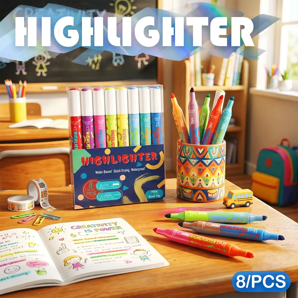 

8Pcs Dual Colors Set Highlighter Pen Dual Tip Student Scrapbook Painting DIY Making Classroom Office Stationery School Supplies