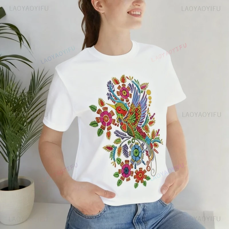 Hummingbird Otomi Style Mexican T Shirt Funny Pattern shirt Unisex shirt Fashionable Short Sleeves Casual Wear Round Collar Tee