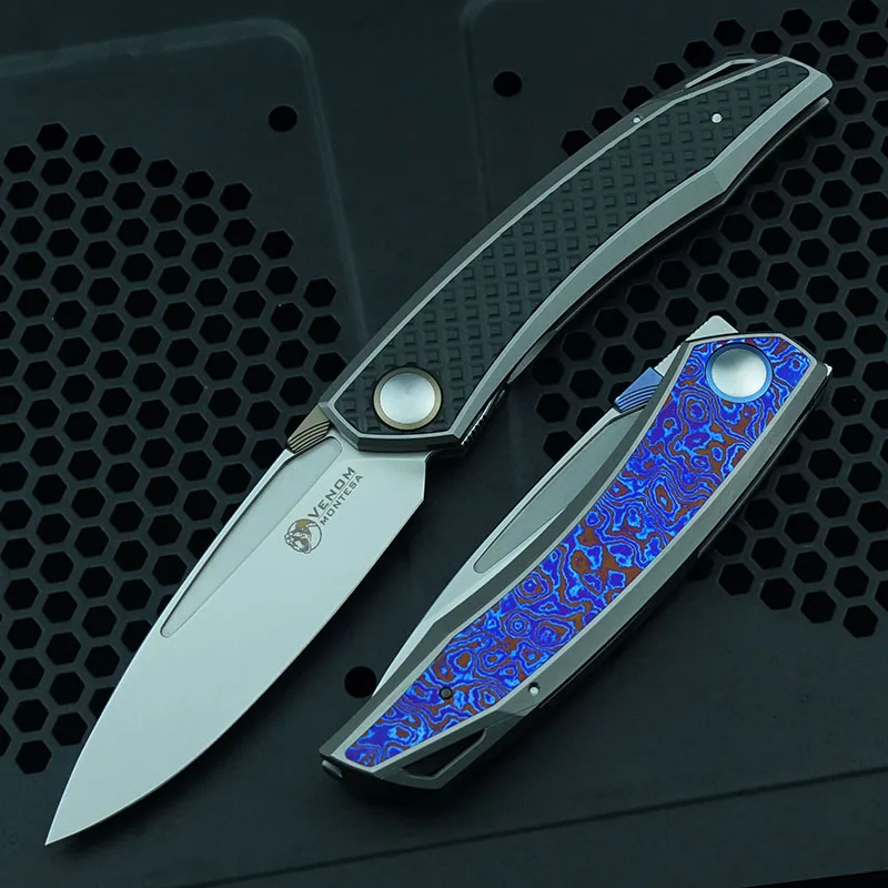 2024 New VENOM Montesa Folding Knife Titanium alloy+Zirconium alloy/Titanium Damascus Handle M390 Blade Camping Survival EDC Too