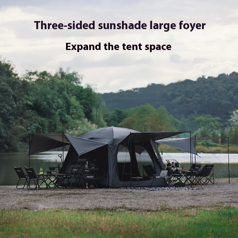 Outdoor Camping Tent 150D Titanium Black Silver Sunscreen UPF50+ Waterproof Quick Build Cabin Tent 3 Halls