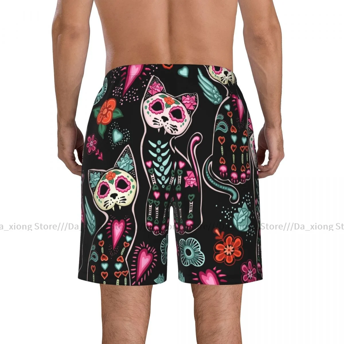 Shorts de natação curtos de praia dos homens, Dia Dos Mortos, Halloween Cats Surfando, Tabuleiro Esportivo, Roupa de Banho