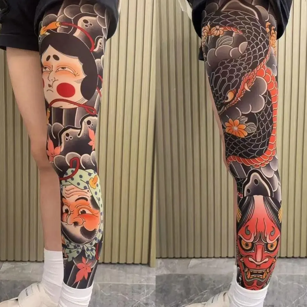 New Full Leg Fake Tattoo Socks Printed Tights Sun-proof Fishing Elastic Socks Cycling Japanese Sexy Stockings Unisex