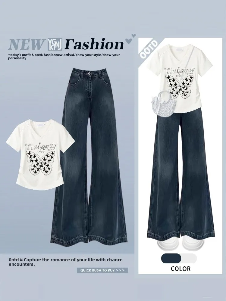 Summer New Sle Hot Girl  Inner Wear ort Sve Top High Waist Loose Wide Leg Jeans Two Piece Set Women's Faion