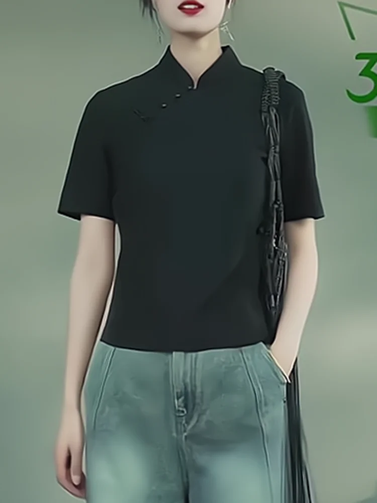 

Summer New Chinese Style Short Sleeve T-Shirt Women's Elegance Black Retro Stand Collar Shirt Small Size Short Top