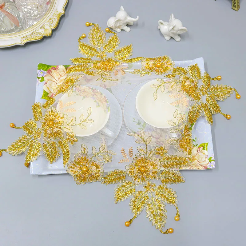 Luxury Christmas flower beads embroidery place table mat cloth coaster placemat wedding kitchen Table decoration and accessories