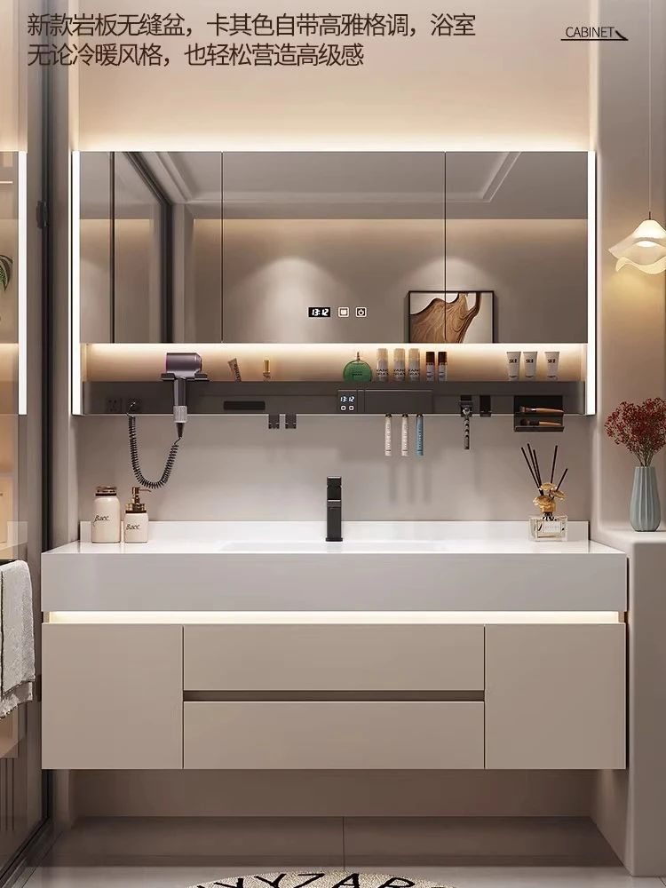 

Тумба для ванной комнаты с интегрированной керамической раковиной из каменной плиты, простая и стильная, в стиле лёгкой роскоши, комбинированная тумба-раковина для ванной.