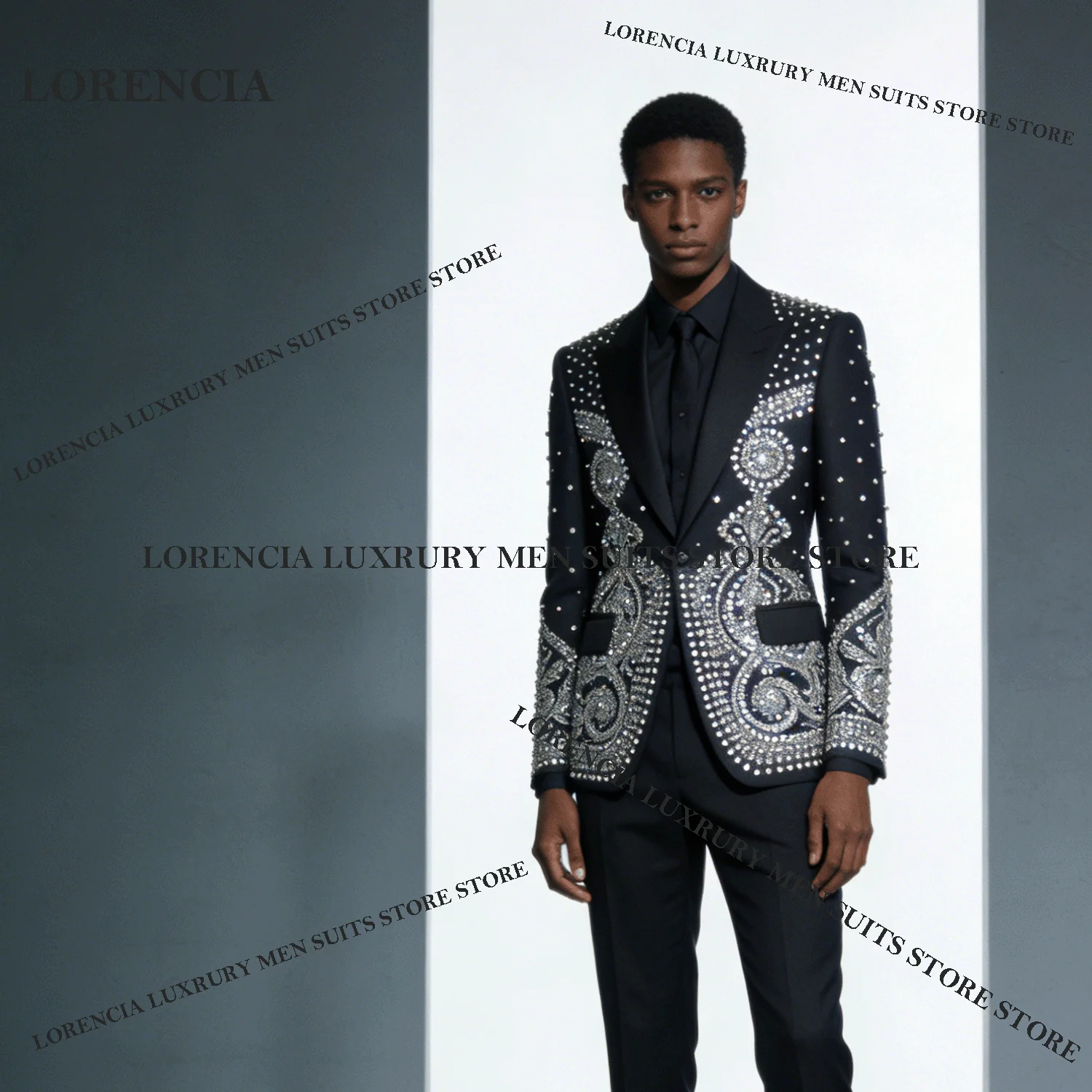 

Double Breasted Men Customized Suits Exquisite Beaded Crystals Groom Tuxedos 2 Pieces Sets Wedding Slim Fit trajes para hombre