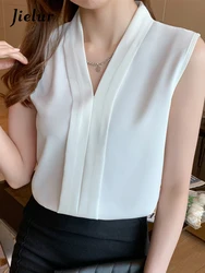 Jielur camicette in Chiffon donna estate senza maniche canotta con scollo a v camicia bianca donna elegante tinta unita Office Lady Chic camicetta