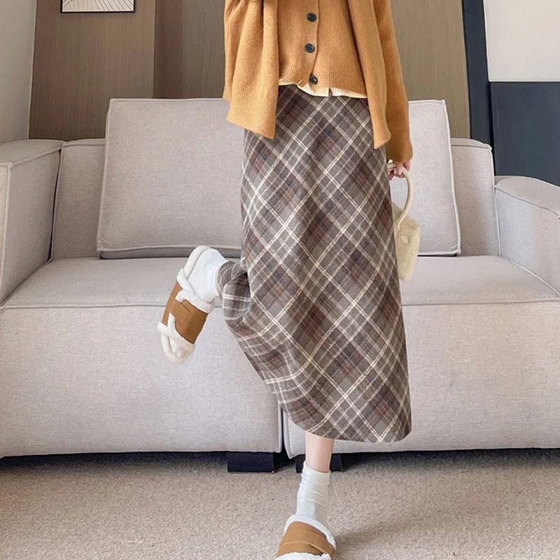 المرأة عالية الخصر ألف خط ميدي التنانير الشتاء تويد منقوشة تنورات الرصاص خمر سليم صالح Bodycon تنورة للنساء ملابس عصرية