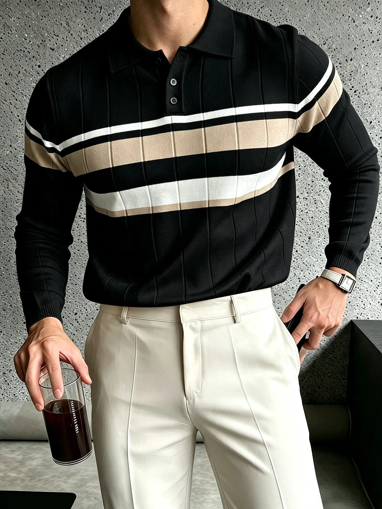 Vertikal geripptes Herren-Polohemd mit Streifen, langärmelig, mit Reverskragen, schmal geschnitten, lässig, für Business-Anlässe, Herrenoberteil, Polera Hombre – Detail 7