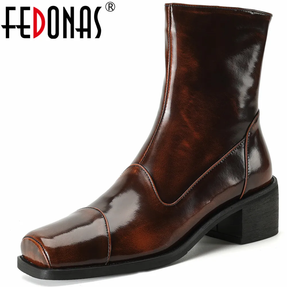 

FEDONAS Autumn Winter Women Ankle Boots Thick Heels Retro Style Genuine Leather Shoes Woman Side Zipper Square Toe Office Lady