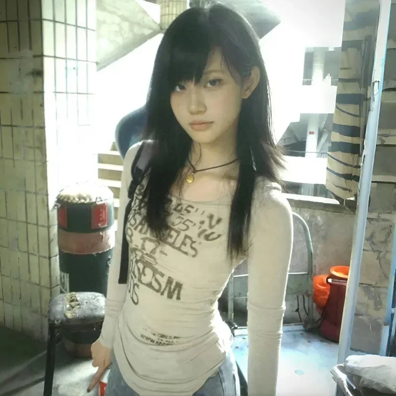 Y2k Vintage T Shirt Women Print Letter Tee Tops Skinny 2000s Japanese Autumn Streetwear Grunge Tops Fairycore Tshirt