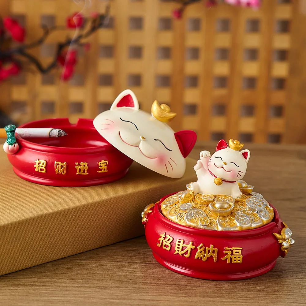 

Ashtray with Lid Windproof Lucky Cat Figurines Home Decor Fortune Cat Organizer Key Storage cat ashtray Cigar desk accessories