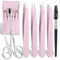 4/6Pcs Eyebrow Hair Removal Tweezers Set Brows Lashes Brows Face Trimming Forceps Scissors With Leather Case Beauty Makeup Tools