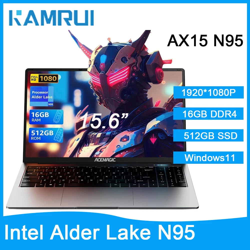 Kamrui Laptop 15,6 "1920P FHD Intel N95 16GB DDR4 512GB SSD Wifi5 5000MAH A/D Metaal 180 °   Degrees Win 11pro Taaltoetsenbordfilm