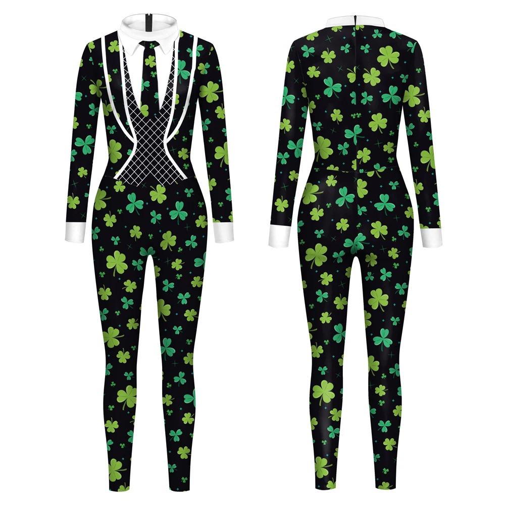 Grüner Klee muster Overall st. Patrick's Day Bodysuit Phantasie Halloween Cosplay Kostüm Skinny Spandex elastische Party Zentai