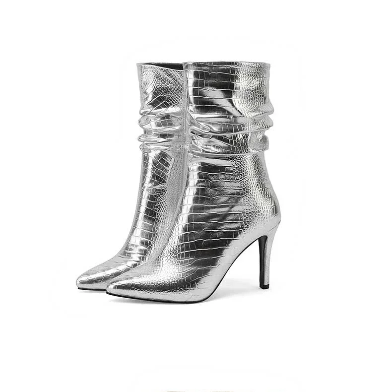 

Sexy Pleated Chelsea Booties Retro Alligator Pattern Pointed Heel Zipper High Heels Large Size Casual Women's Boots 33&44