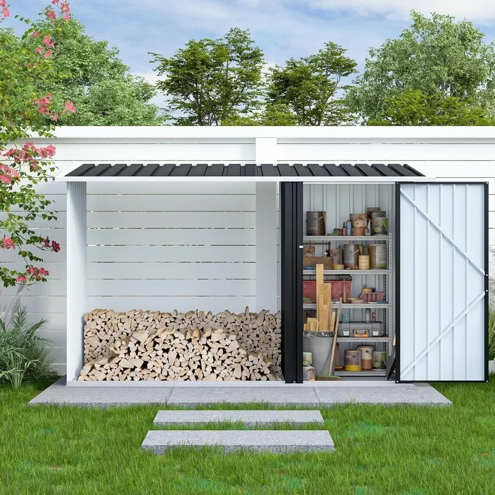 

Storage Shed,3X7.7Ft Outdoor Metal Storage Shed with Lockable Door and Steel Firewood Rack,Bike Shed,Small Outdoor Shed