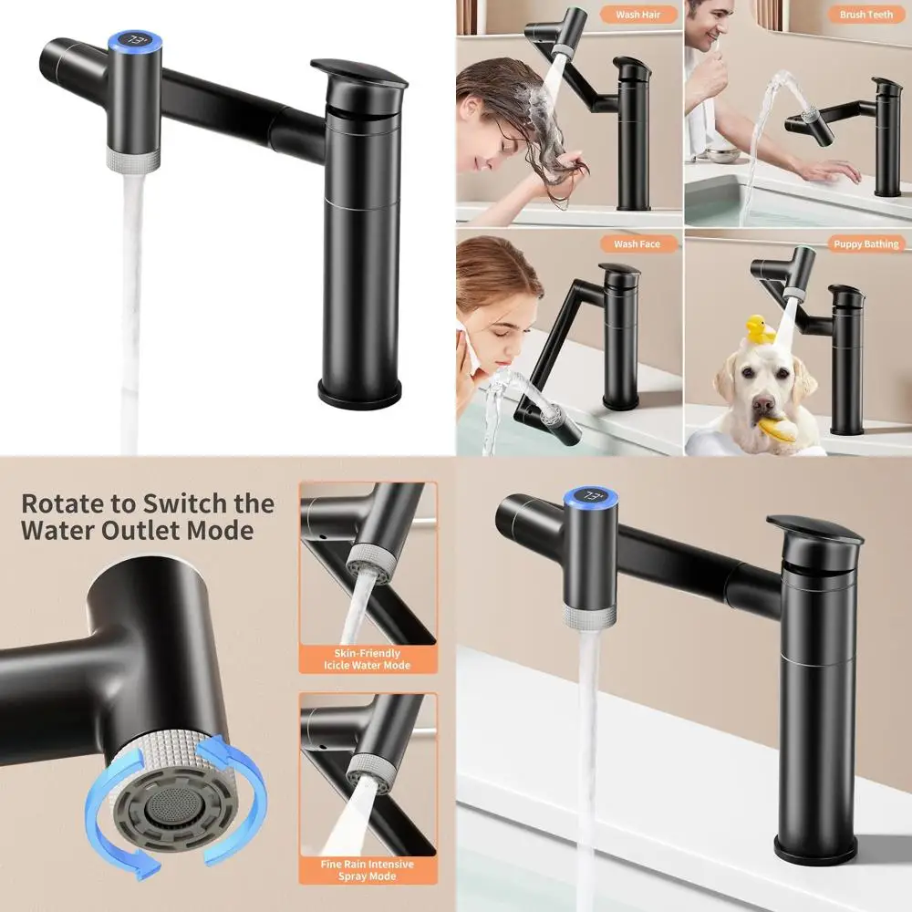 

Adjustable Height 1-Hole Single Handle Bathroom Vanity Faucet with 2 Water Modes and Temperature Display (Black)