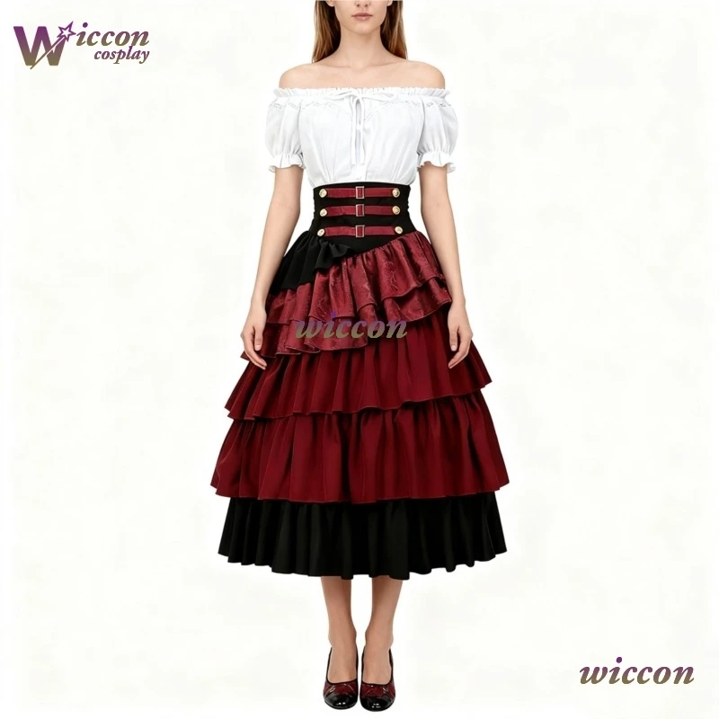 

Винтажное платье в стиле стимпанк для косплея, викторианское средневековое атласное платье с рюшами и отделкой лотоса, готические юбки, женская юбка-корсет, пиратские костюмы