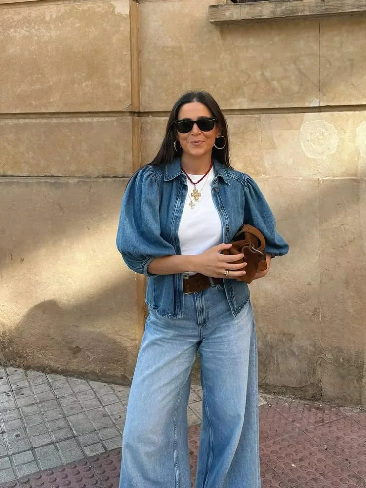 

Fashion Blue Half Sleeve Denim Jacket Women Casual Puff Sleeves Single Breasted Lapel Coats 2026 Lady Spring Autumn Wear New