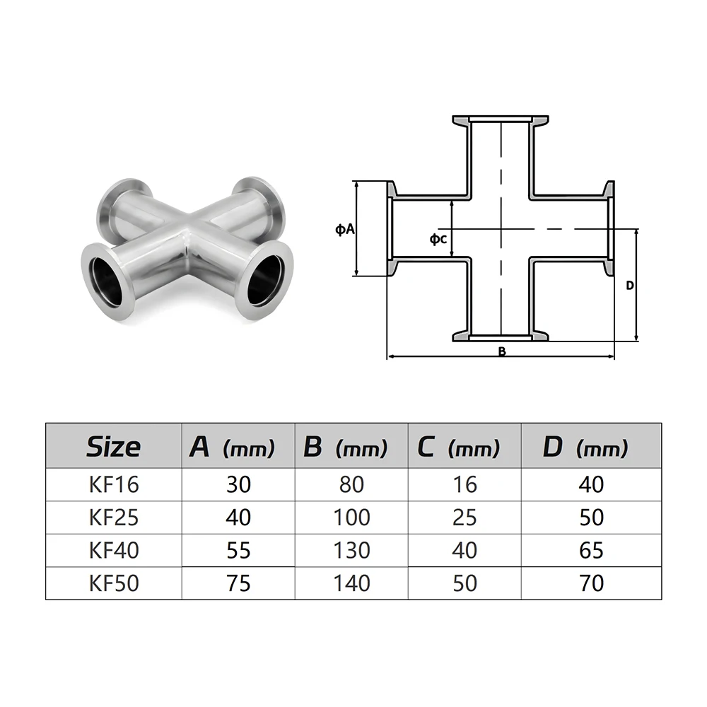 Sanitärvakuum-KF-Flanschverbindungen – 304-Stahl KF16/KF25/KF40/KF50 Winkel-/T-Stück-/Vierwege-Hochdruck-Klemm-Vakuumsystem – Detail 13