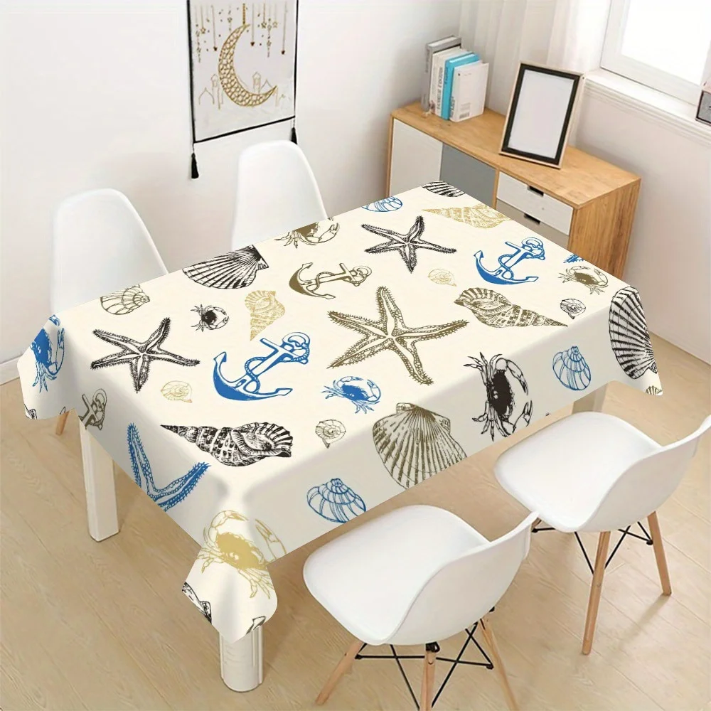 Vintage Nautical Sea Creature Tablecloth Starfish Shell Waterproof Table Cover for Beach Picnic Decor