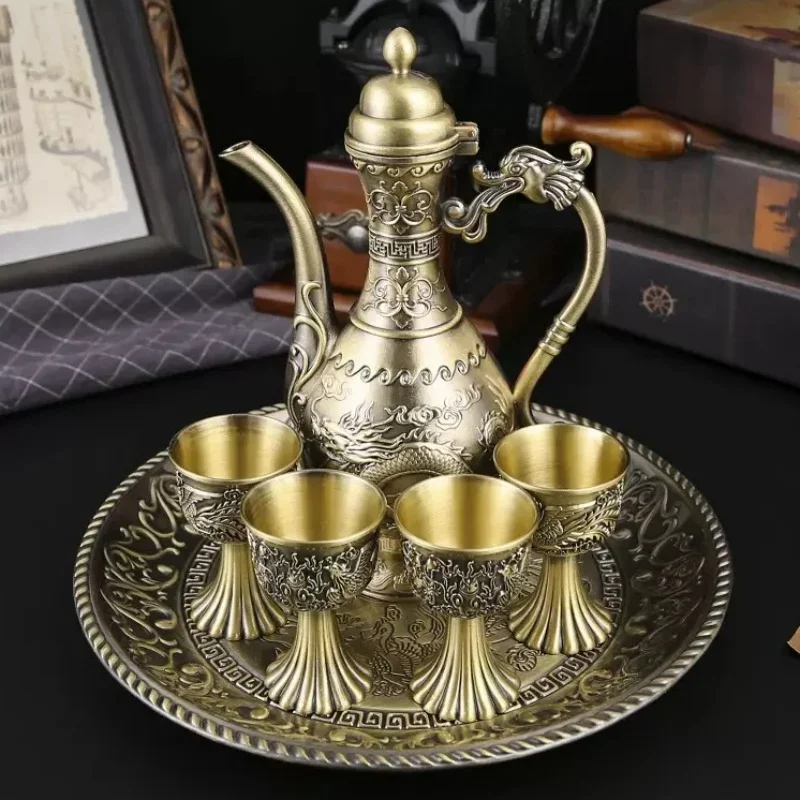European Set, Alloy Home Pot Glass Set, Golden Vintage Glass, Wine Pot Home Living Room Decoration,24cm,1Set