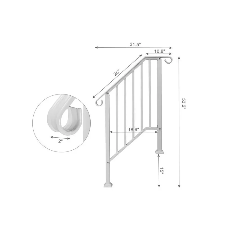 야외 계단용 새 난간, 다리미 난간, 2 단계 전환 난간, 설치 키트 포함, 흰색