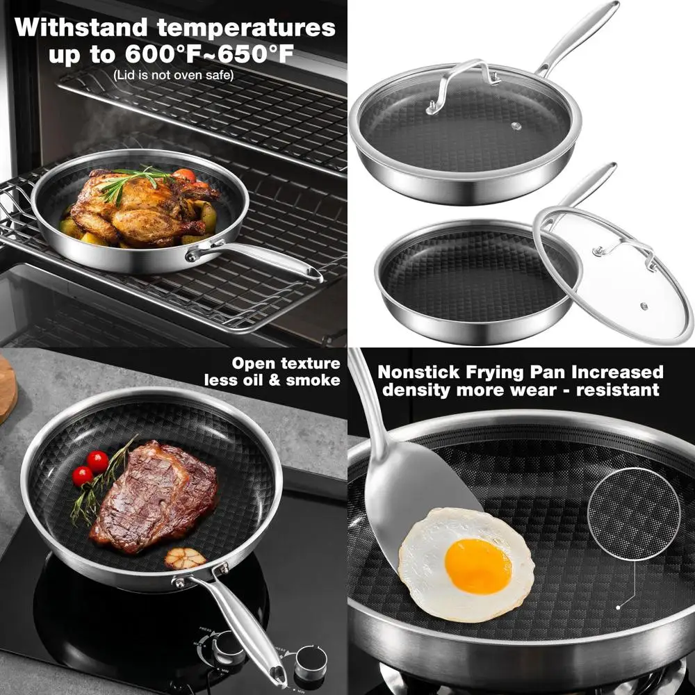 

Набор сковородок из нержавеющей стали с керамическим антипригарным покрытием 8–10 дюймов, крышками, можно мыть в посудомоечной машине и в духовке, ручками Cool-Touch