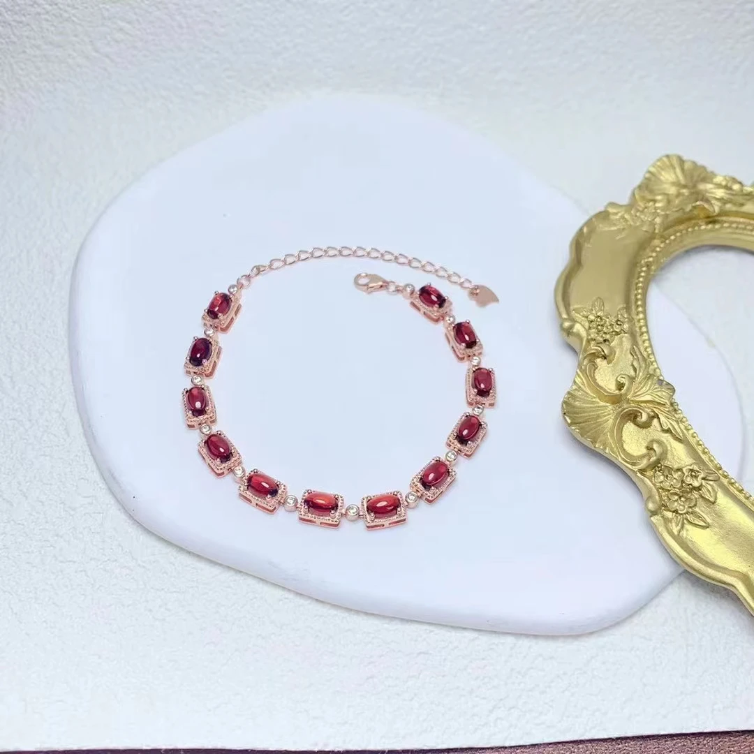 Total 6ct Natural Garnet Bracelet with Gold Plated 4mm*6mm VVS Grade Garnet 925 Silver Bracelet for Wedding