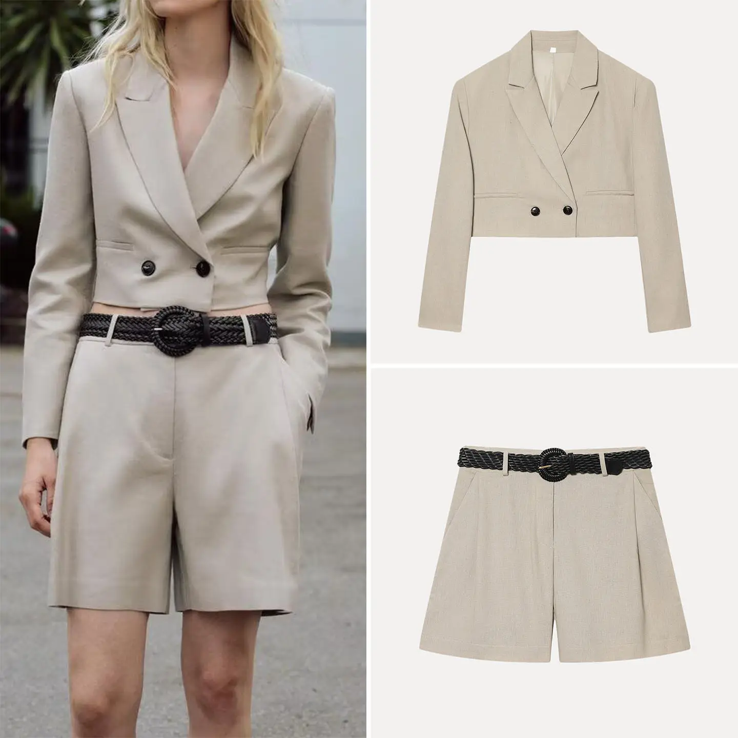 

Women's Spring 2026 Short Suit Jacket Casual High Waist Shorts Belt Included Fashion Set High Waist Button Style Long Sleeve