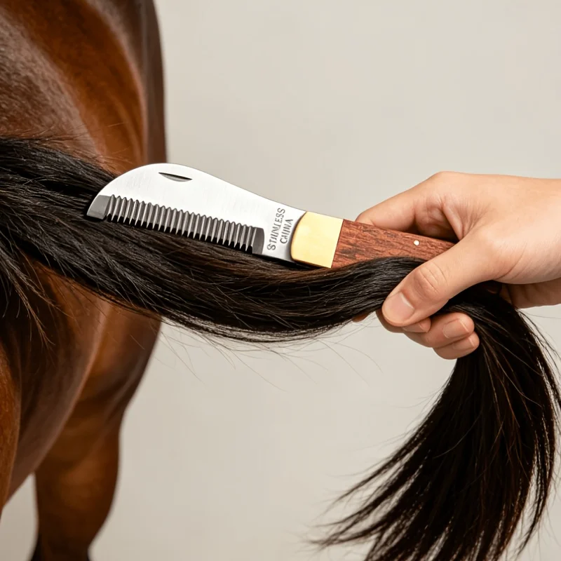 Wooden Handle Horse Mane Tail Rake Comb Stainless Steel Detangler for Grooming Shedding  Detangling Horse HairProduct