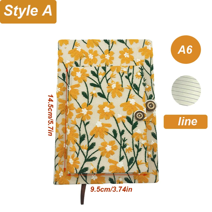 A5 A6 Fabric Embroidery Cloth Notebook with Bookmark and Buttons 100 Sheets 200 Pages Line Inner 80 GSM Paper Notepad